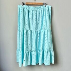 Crown & Ivy Maxi Skirt Women's XXL Robin's Egg Blue Cotton Eyelet Tiered Ruffle